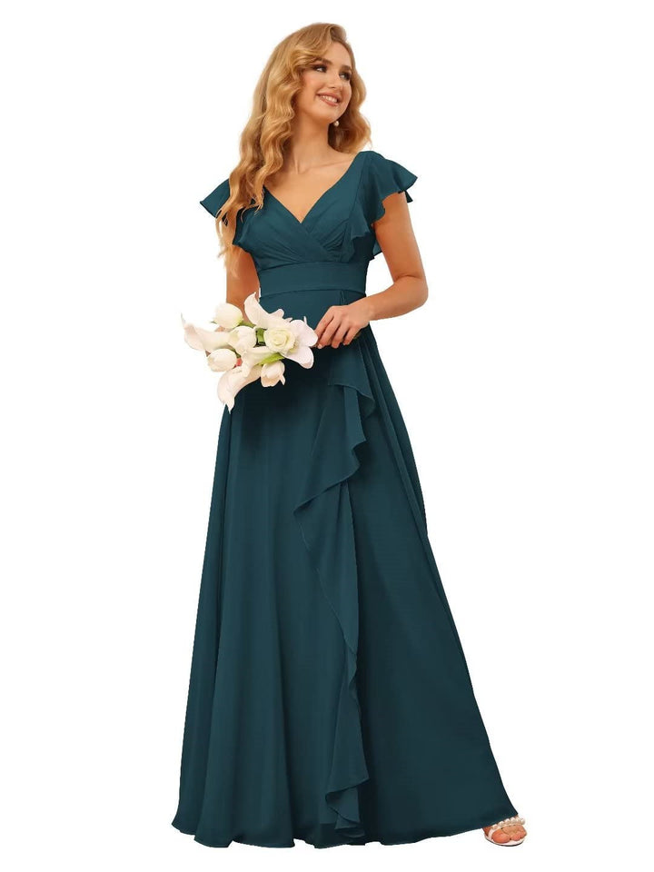 Ligne A/Princesse  Col en V Court Manche Floor Length  Robes de Demoiselle d'Honneur avec Ruffled Split