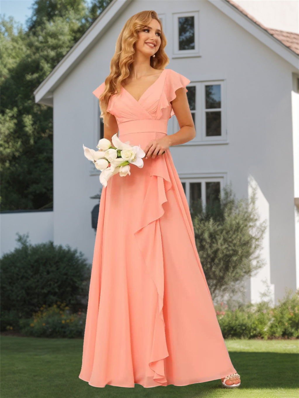 Ligne A/Princesse  Col en V Court Manche Floor Length  Robes de Demoiselle d'Honneur avec Ruffled Split