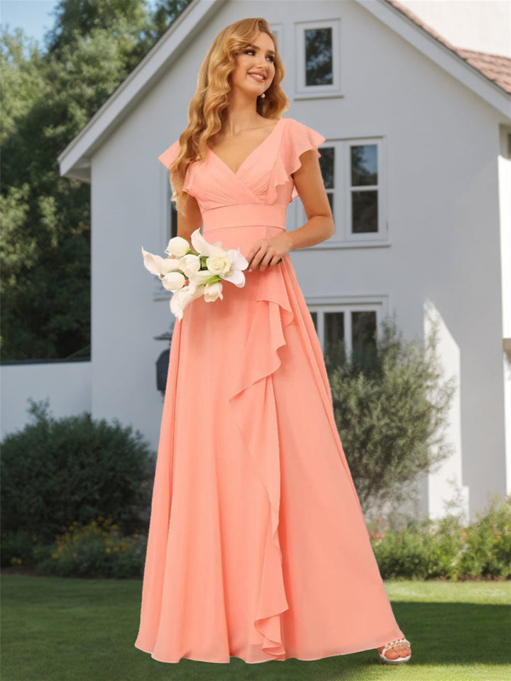 Ligne A/Princesse  Col en V Court Manche Floor Length  Robes de Demoiselle d'Honneur avec Ruffled Split