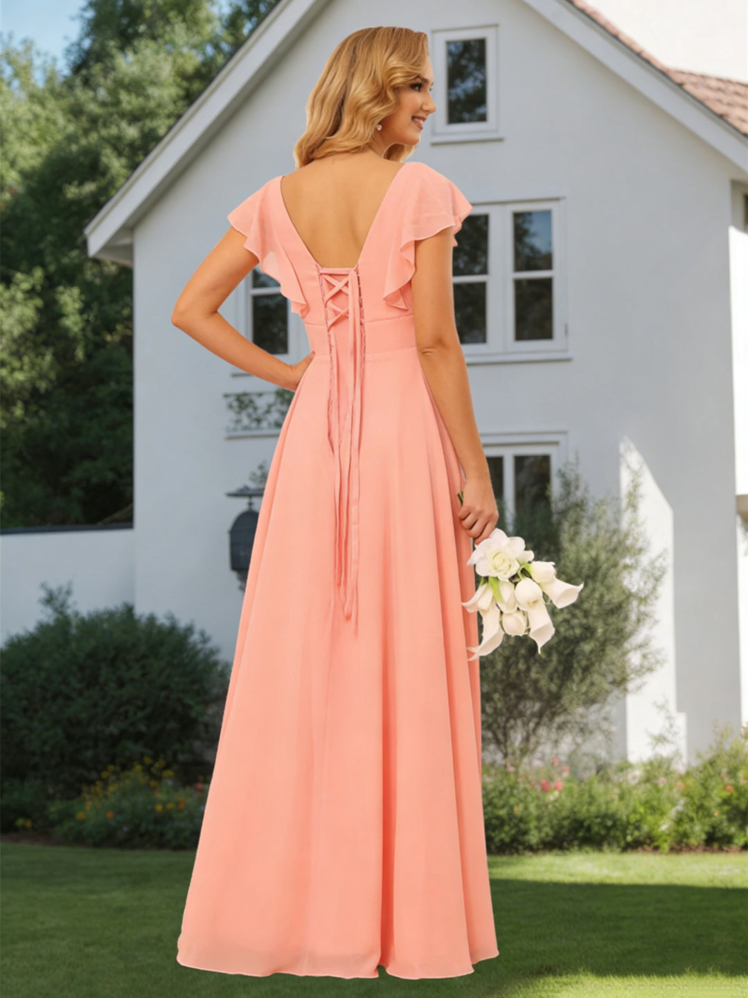 Ligne A/Princesse  Col en V Court Manche Floor Length  Robes de Demoiselle d'Honneur avec Ruffled Split