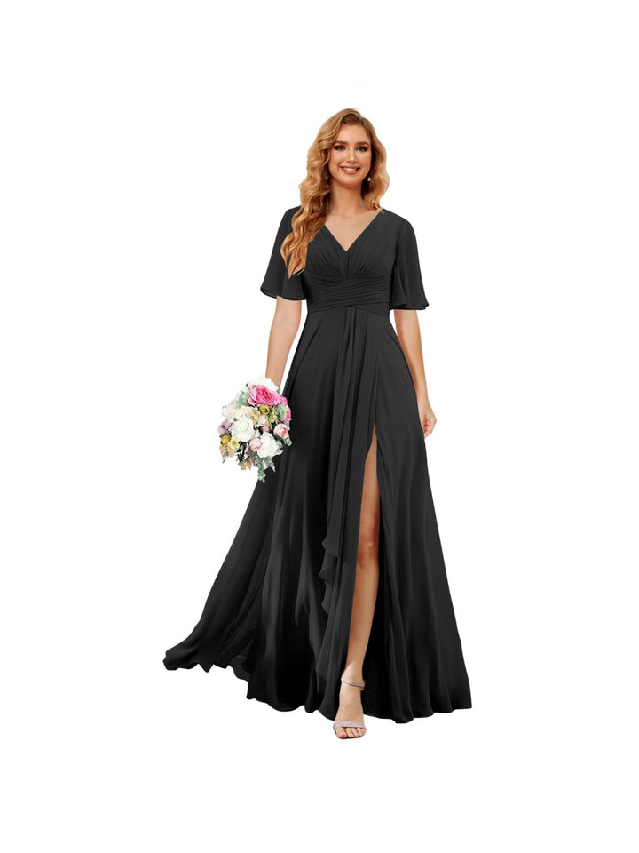 Ligne A/Princesse  Col en V Court Manche Floor Length  Robes de Demoiselle d'Honneur Mousseline avec Slit