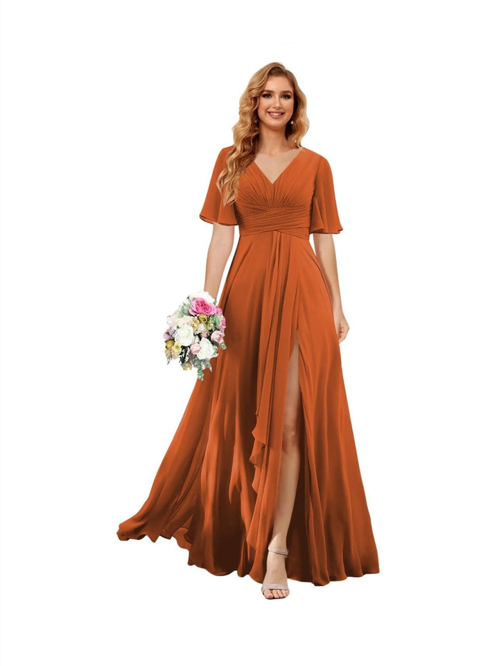 Ligne A/Princesse  Col en V Court Manche Floor Length  Robes de Demoiselle d'Honneur Mousseline avec Slit