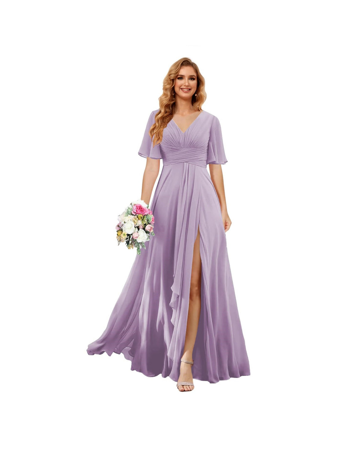 Ligne A/Princesse  Col en V Court Manche Floor Length  Robes de Demoiselle d'Honneur Mousseline avec Slit