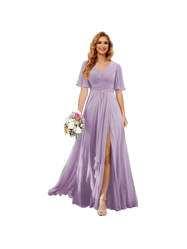 Ligne A/Princesse  Col en V Court Manche Floor Length  Robes de Demoiselle d'Honneur Mousseline avec Slit