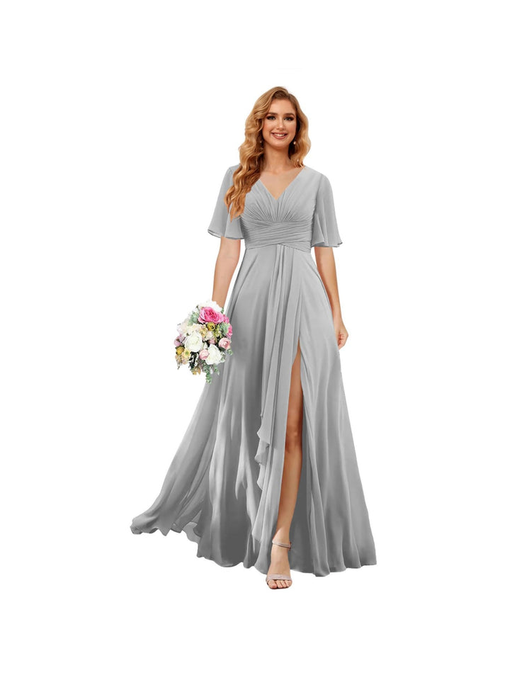 Ligne A/Princesse  Col en V Court Manche Floor Length  Robes de Demoiselle d'Honneur Mousseline avec Slit