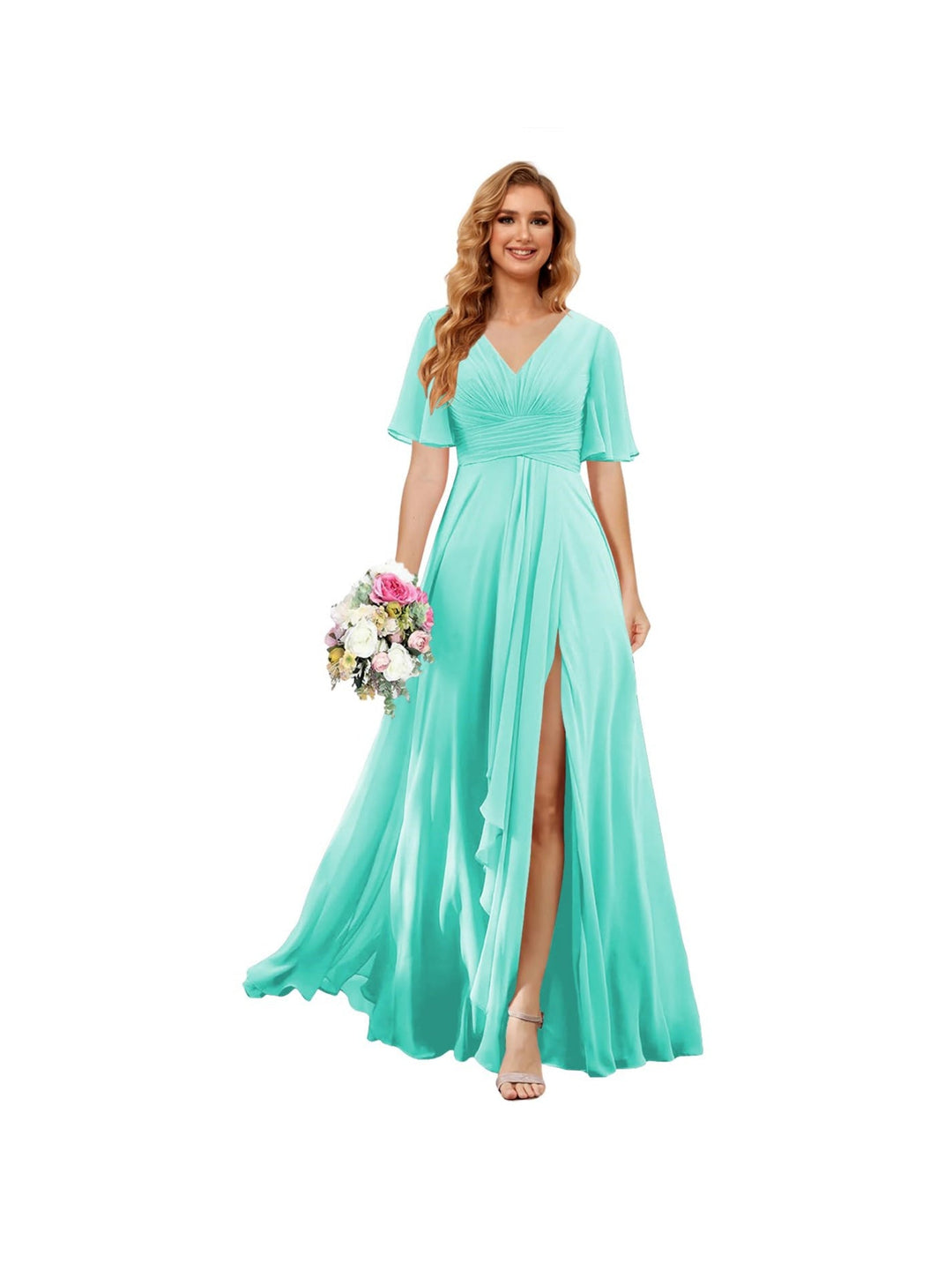 Ligne A/Princesse  Col en V Court Manche Floor Length  Robes de Demoiselle d'Honneur Mousseline avec Slit