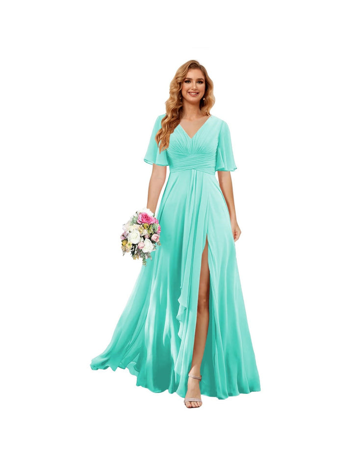 Ligne A/Princesse  Col en V Court Manche Floor Length  Robes de Demoiselle d'Honneur Mousseline avec Slit