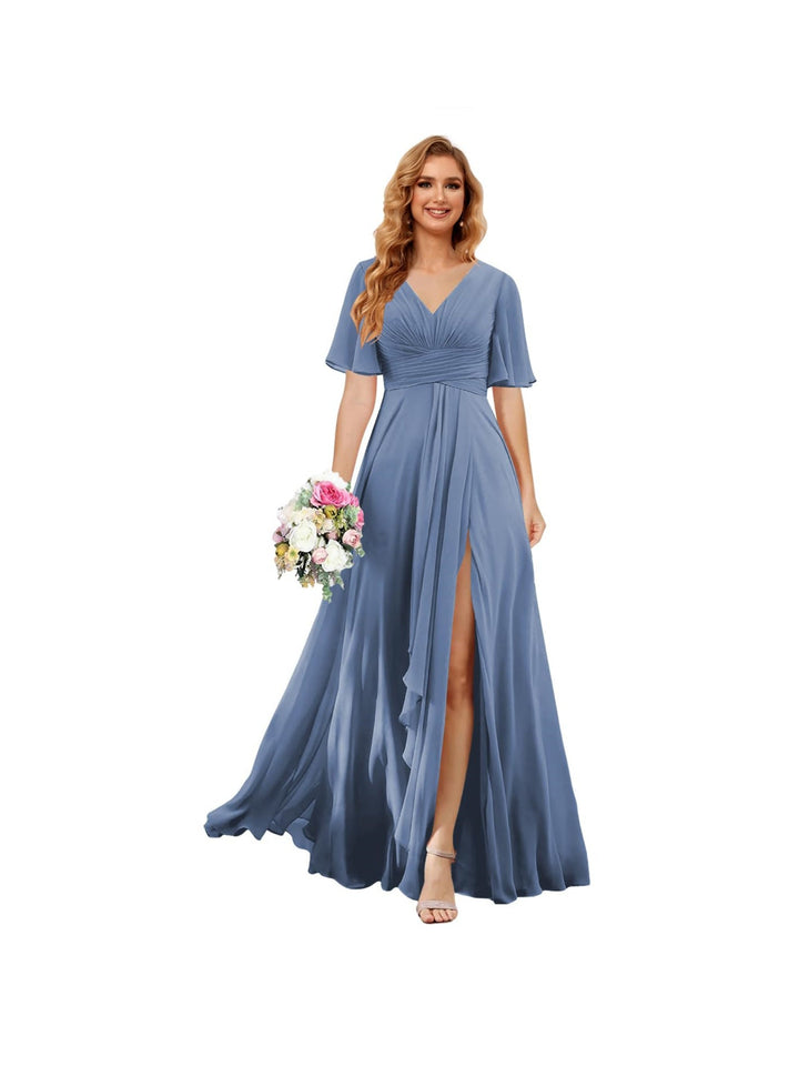 Ligne A/Princesse  Col en V Court Manche Floor Length  Robes de Demoiselle d'Honneur Mousseline avec Slit