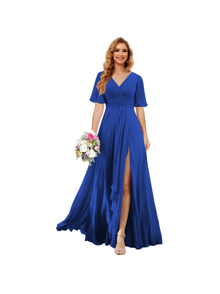 Ligne A/Princesse  Col en V Court Manche Floor Length  Robes de Demoiselle d'Honneur Mousseline avec Slit