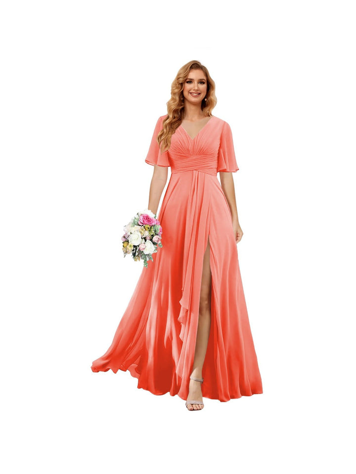 Ligne A/Princesse  Col en V Court Manche Floor Length  Robes de Demoiselle d'Honneur Mousseline avec Slit