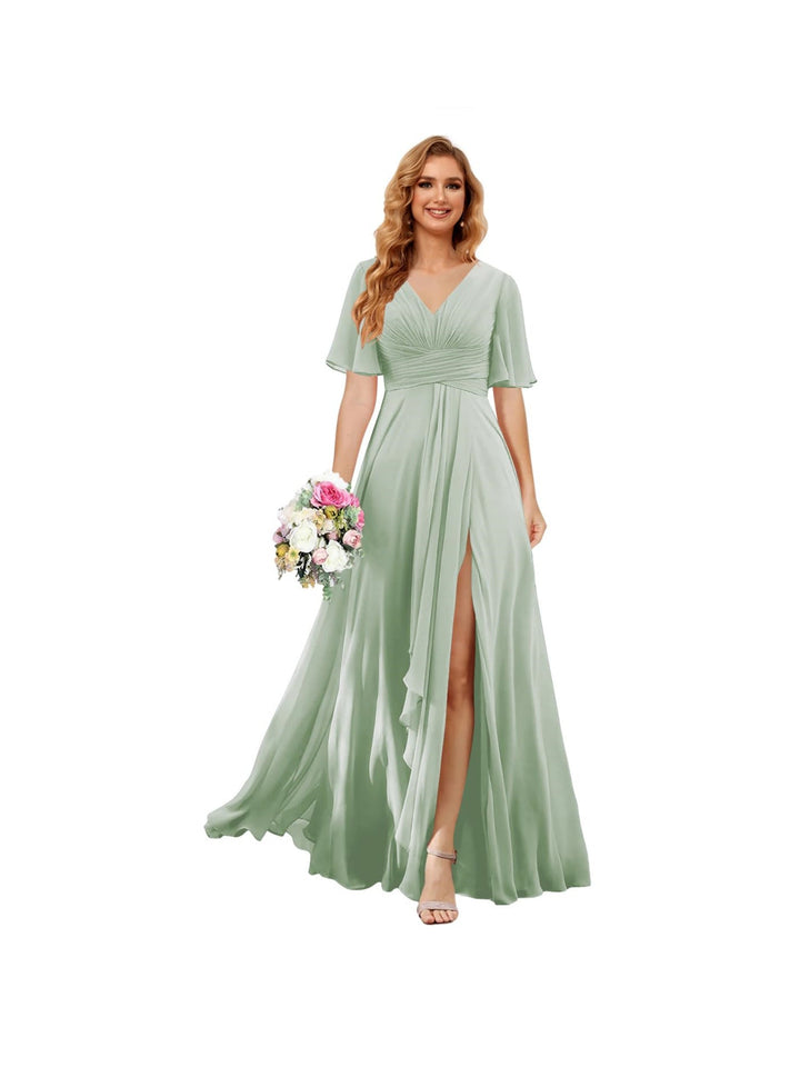 Ligne A/Princesse  Col en V Court Manche Floor Length  Robes de Demoiselle d'Honneur Mousseline avec Slit