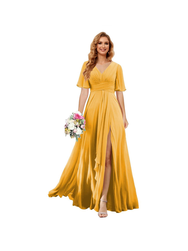 Ligne A/Princesse  Col en V Court Manche Floor Length  Robes de Demoiselle d'Honneur Mousseline avec Slit