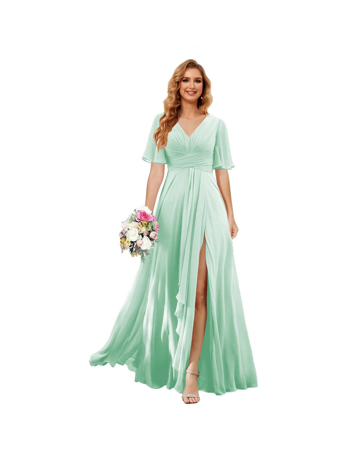 Ligne A/Princesse  Col en V Court Manche Floor Length  Robes de Demoiselle d'Honneur Mousseline avec Slit