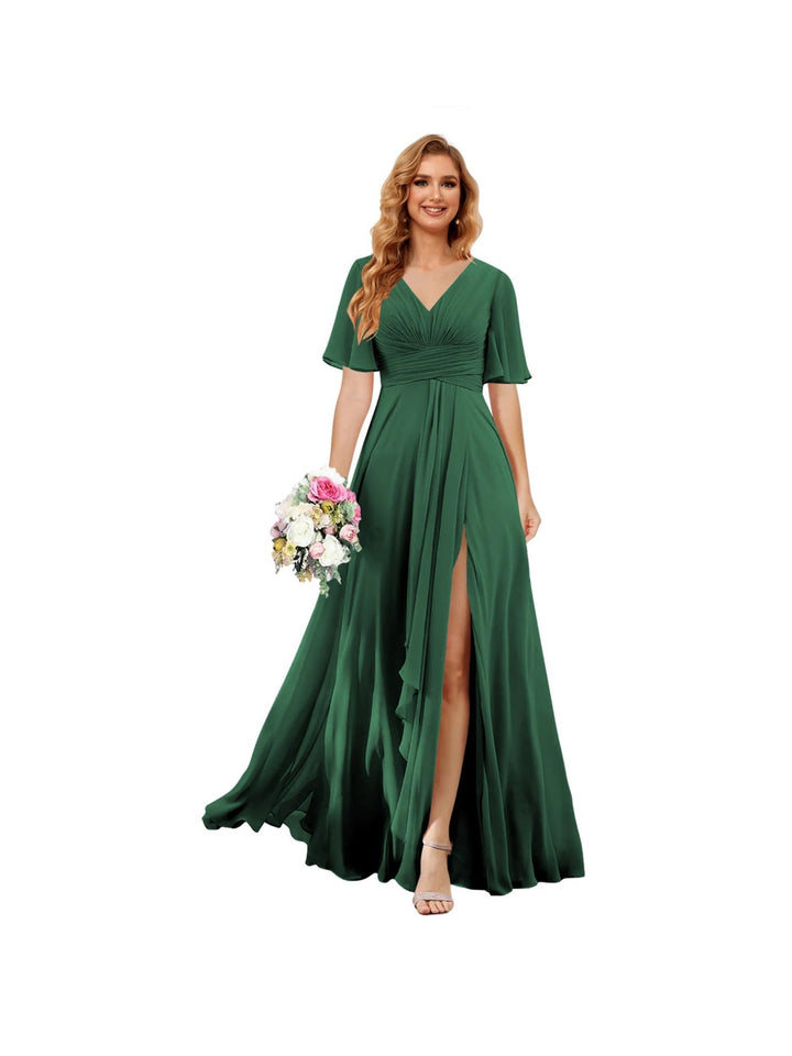 Ligne A/Princesse  Col en V Court Manche Floor Length  Robes de Demoiselle d'Honneur Mousseline avec Slit