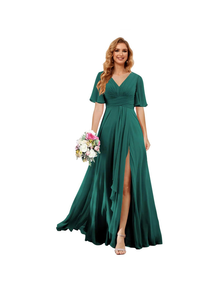 Ligne A/Princesse  Col en V Court Manche Floor Length  Robes de Demoiselle d'Honneur Mousseline avec Slit