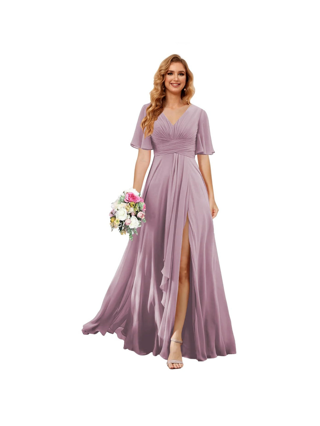 Ligne A/Princesse  Col en V Court Manche Floor Length  Robes de Demoiselle d'Honneur Mousseline avec Slit