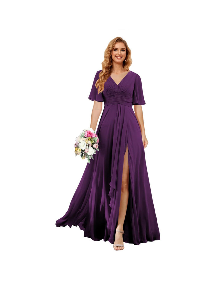 Ligne A/Princesse  Col en V Court Manche Floor Length  Robes de Demoiselle d'Honneur Mousseline avec Slit