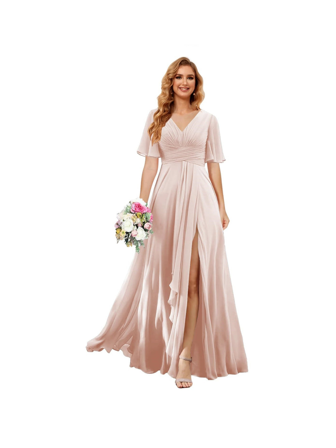 Ligne A/Princesse  Col en V Court Manche Floor Length  Robes de Demoiselle d'Honneur Mousseline avec Slit