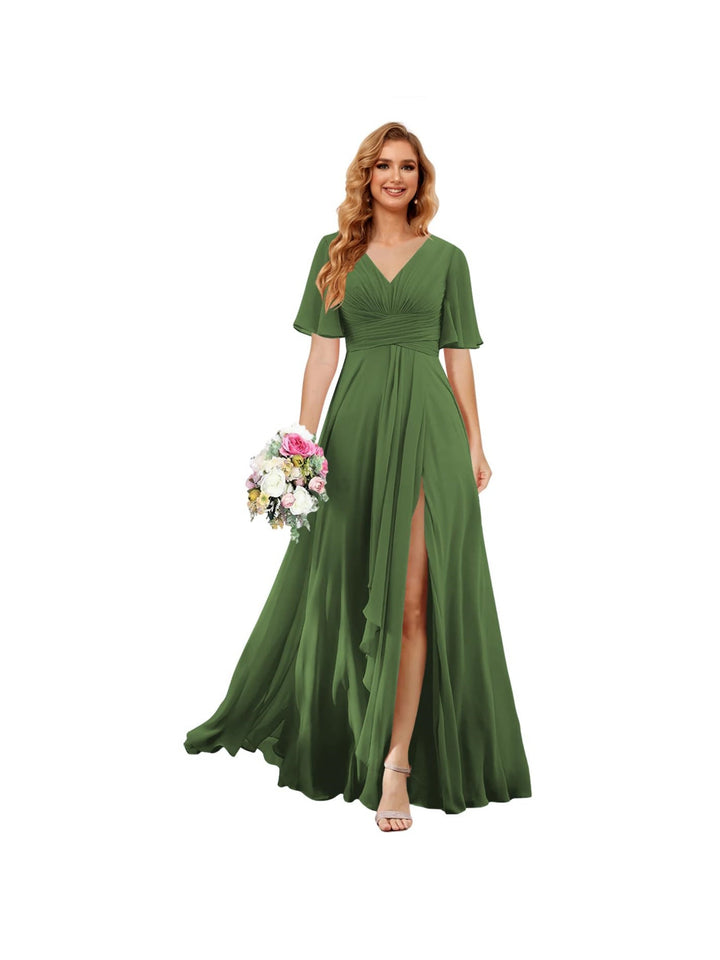 Ligne A/Princesse  Col en V Court Manche Floor Length  Robes de Demoiselle d'Honneur Mousseline avec Slit