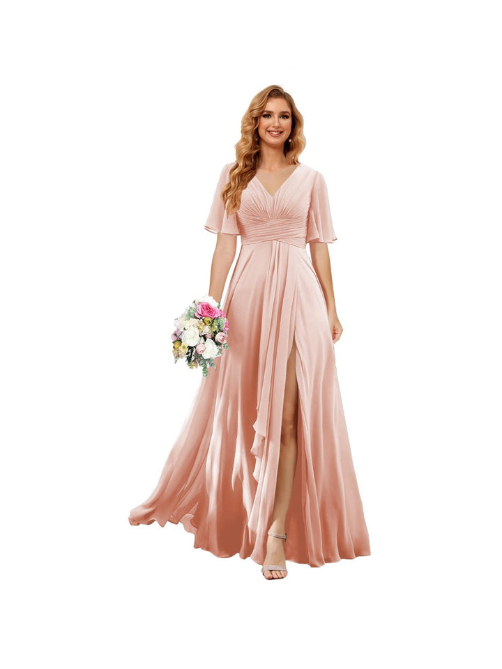 Ligne A/Princesse  Col en V Court Manche Floor Length  Robes de Demoiselle d'Honneur Mousseline avec Slit