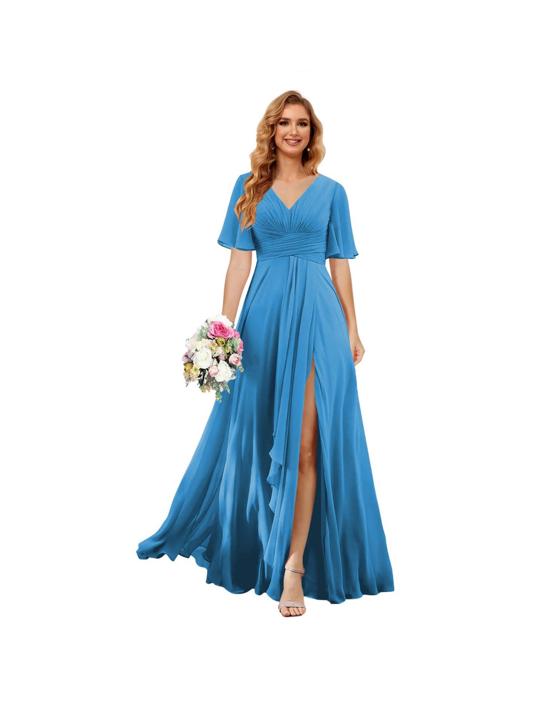 Ligne A/Princesse  Col en V Court Manche Floor Length  Robes de Demoiselle d'Honneur Mousseline avec Slit