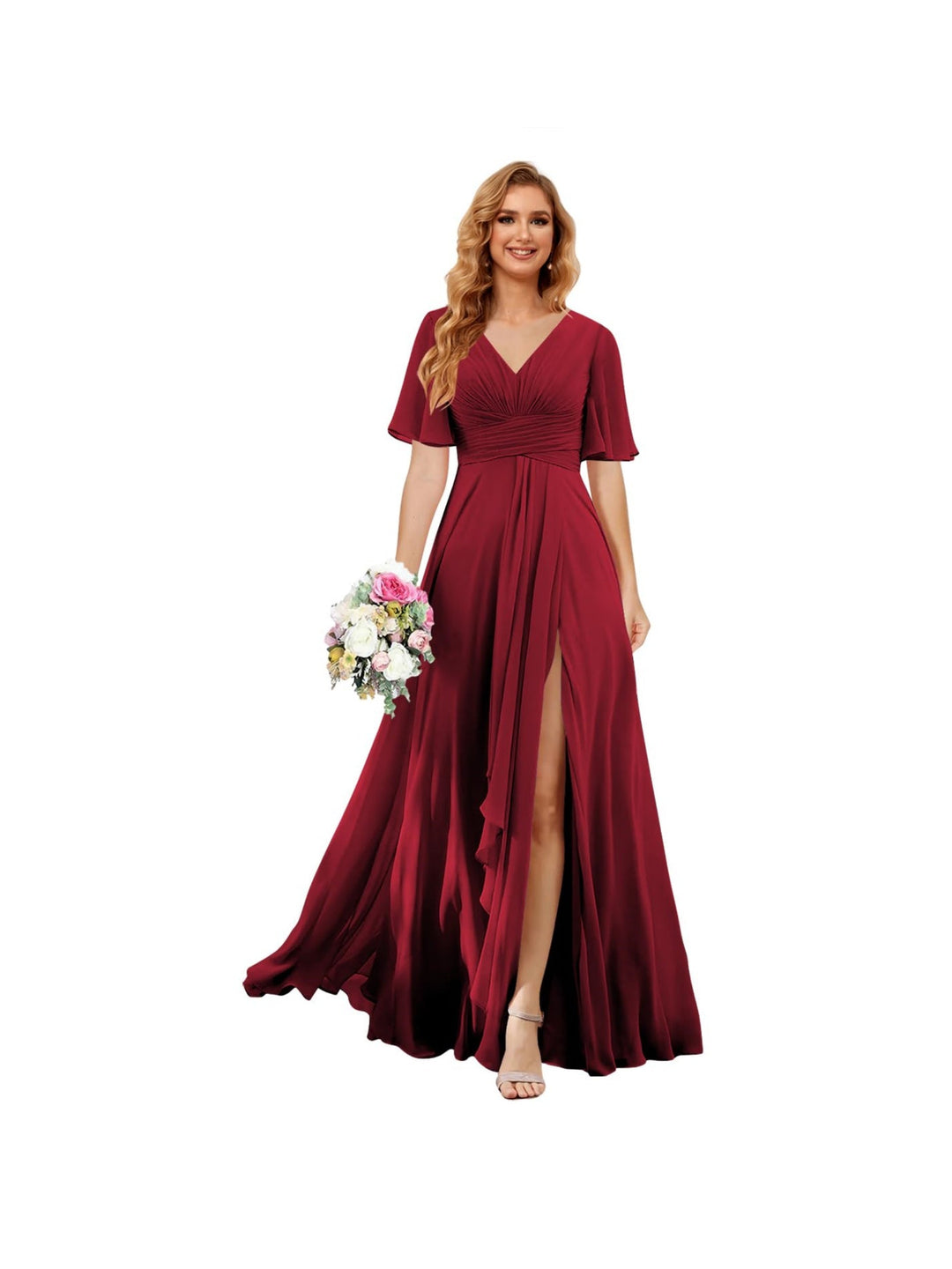 Ligne A/Princesse  Col en V Court Manche Floor Length  Robes de Demoiselle d'Honneur Mousseline avec Slit