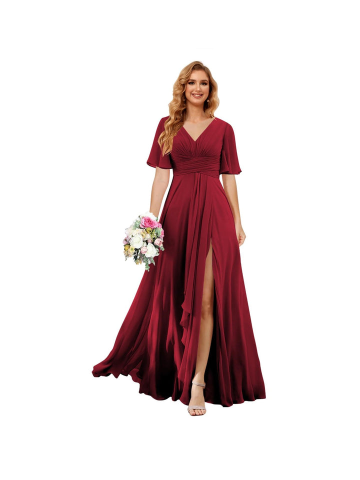 Ligne A/Princesse  Col en V Court Manche Floor Length  Robes de Demoiselle d'Honneur Mousseline avec Slit