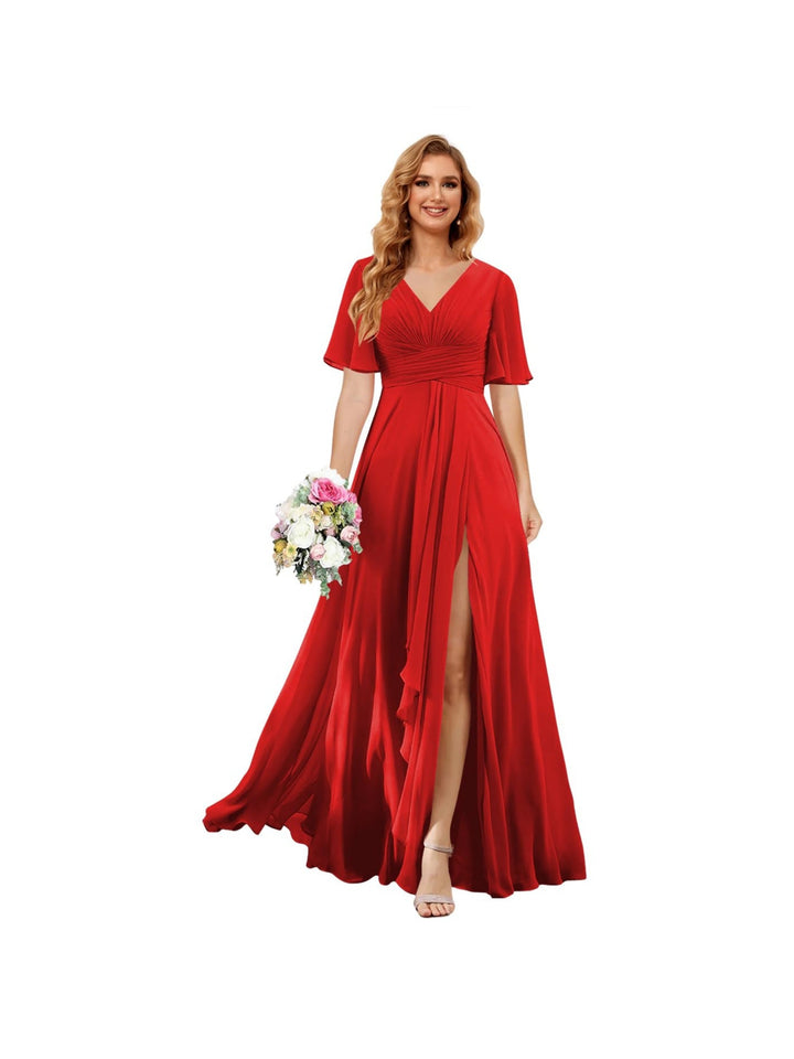 Ligne A/Princesse  Col en V Court Manche Floor Length  Robes de Demoiselle d'Honneur Mousseline avec Slit