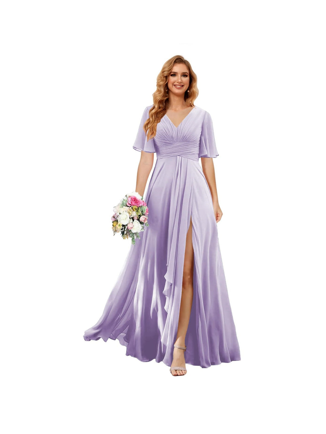 Ligne A/Princesse  Col en V Court Manche Floor Length  Robes de Demoiselle d'Honneur Mousseline avec Slit