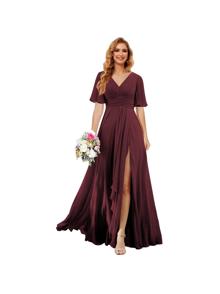 Ligne A/Princesse  Col en V Court Manche Floor Length  Robes de Demoiselle d'Honneur Mousseline avec Slit