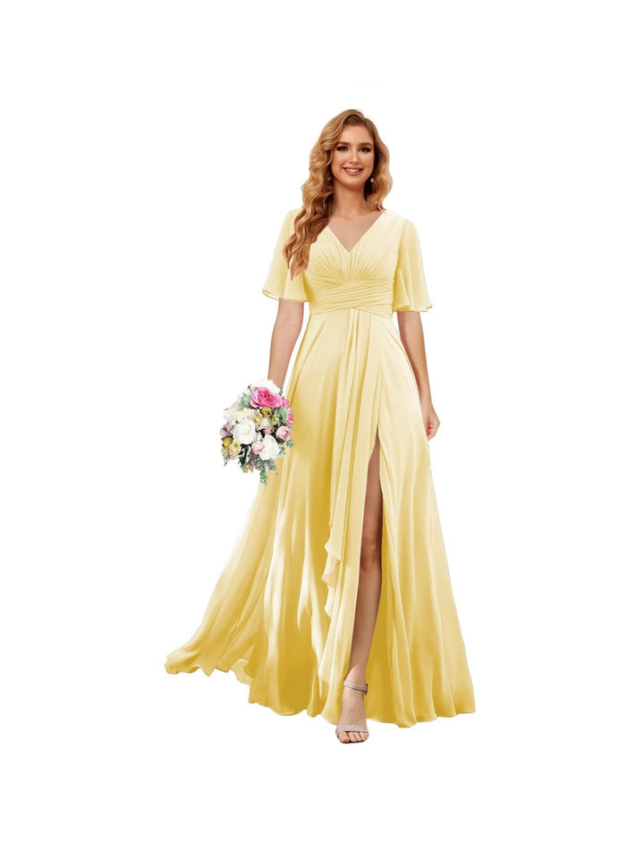Ligne A/Princesse  Col en V Court Manche Floor Length  Robes de Demoiselle d'Honneur Mousseline avec Slit