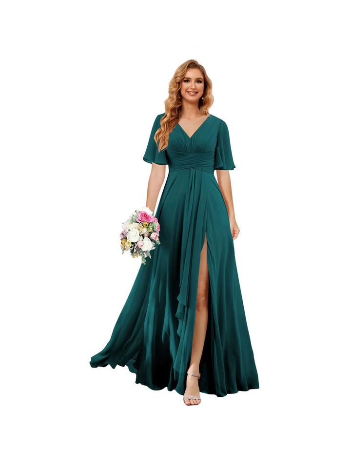 Ligne A/Princesse  Col en V Court Manche Floor Length  Robes de Demoiselle d'Honneur Mousseline avec Slit