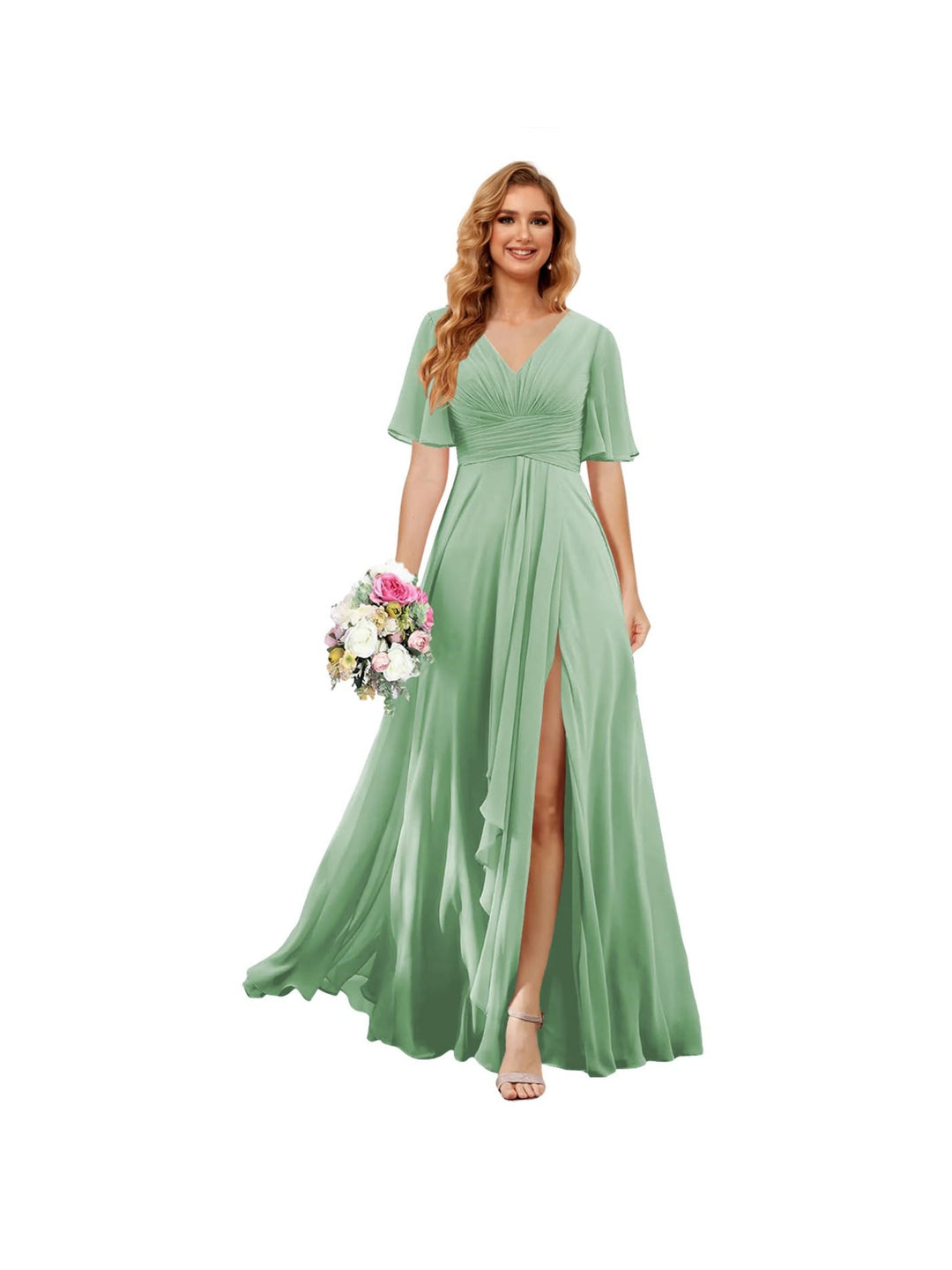 Ligne A/Princesse  Col en V Court Manche Floor Length  Robes de Demoiselle d'Honneur Mousseline avec Slit