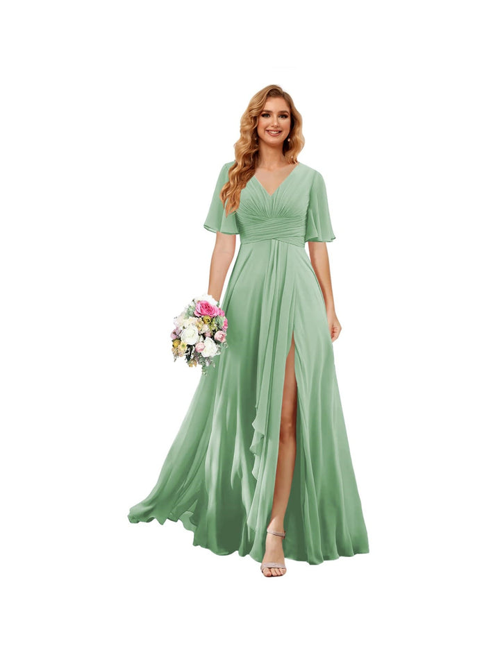 Ligne A/Princesse  Col en V Court Manche Floor Length  Robes de Demoiselle d'Honneur Mousseline avec Slit