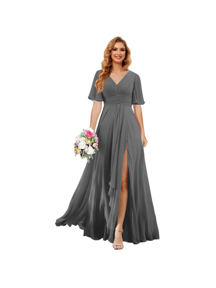 Ligne A/Princesse  Col en V Court Manche Floor Length  Robes de Demoiselle d'Honneur Mousseline avec Slit