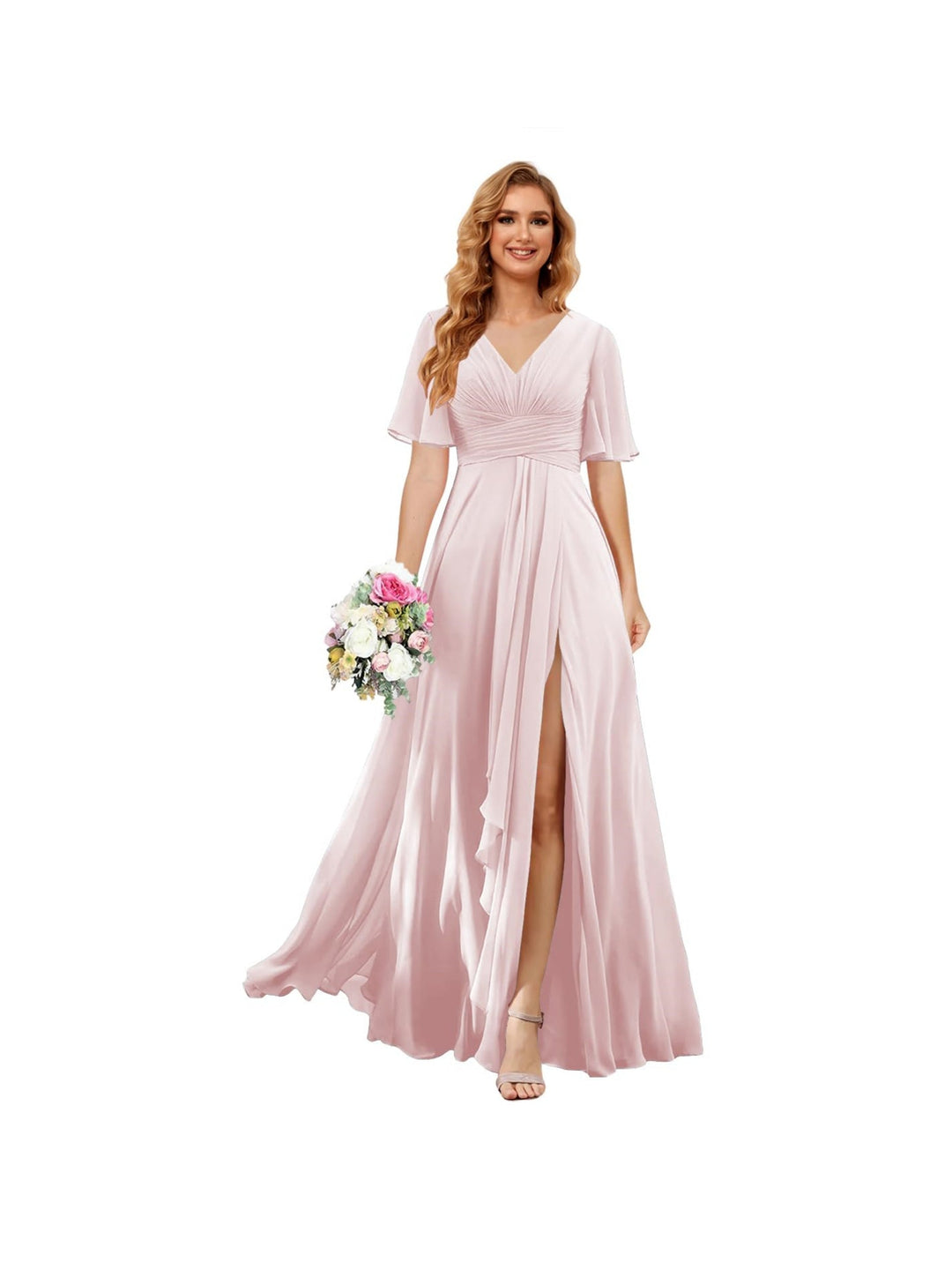Ligne A/Princesse  Col en V Court Manche Floor Length  Robes de Demoiselle d'Honneur Mousseline avec Slit