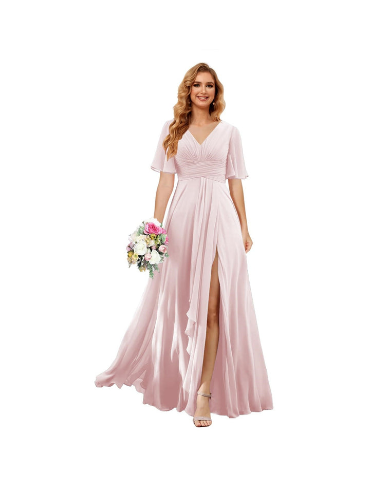 Ligne A/Princesse  Col en V Court Manche Floor Length  Robes de Demoiselle d'Honneur Mousseline avec Slit