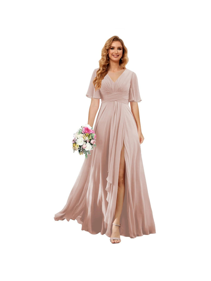 Ligne A/Princesse  Col en V Court Manche Floor Length  Robes de Demoiselle d'Honneur Mousseline avec Slit