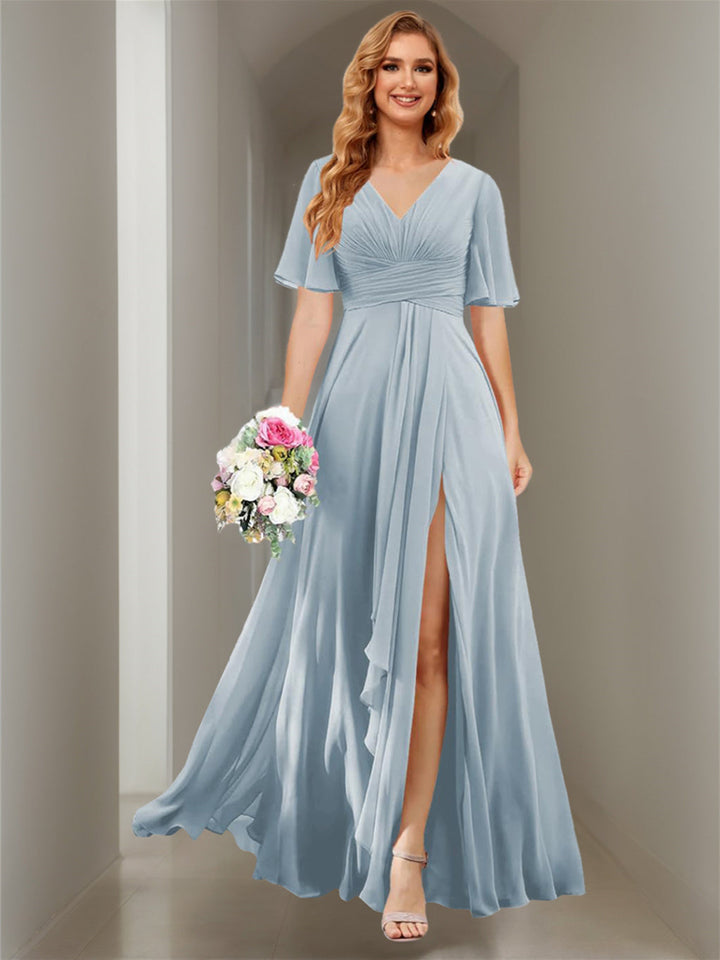 Ligne A/Princesse  Col en V Court Manche Floor Length  Robes de Demoiselle d'Honneur Mousseline avec Slit