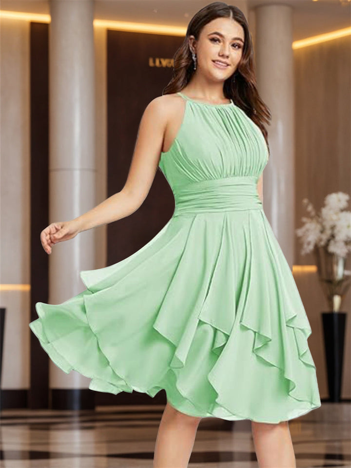 Robe de Demoiselle d'Honneur Courte/Mini, Coupe Princesse, Col Licou, sans Manches, en Mousseline, à Volants et Poches Plissées