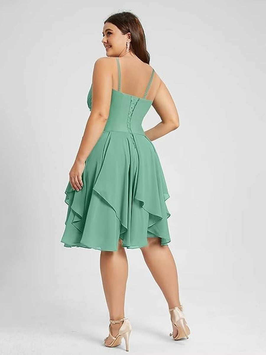 Robe de Demoiselle d'Honneur Courte/Mini, Coupe Princesse, Col Licou, sans Manches, en Mousseline, à Volants et Poches Plissées