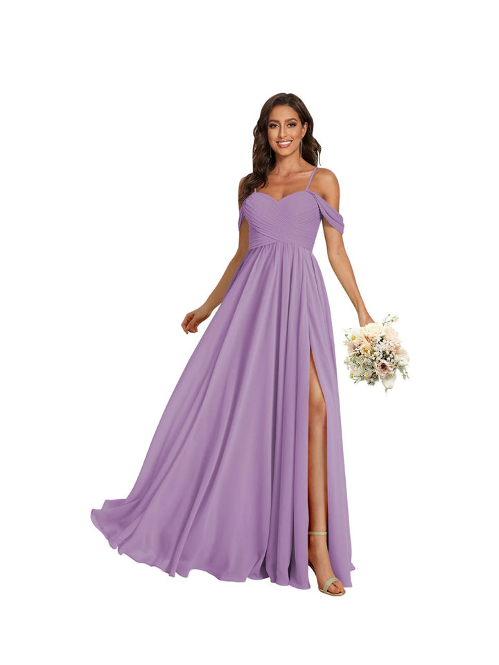 Ligne A /Princesse Off Shoulder Chérie Sans Manches Floor Length Robes de Demoiselle d'Honneur Mousseline avec Poches Slit