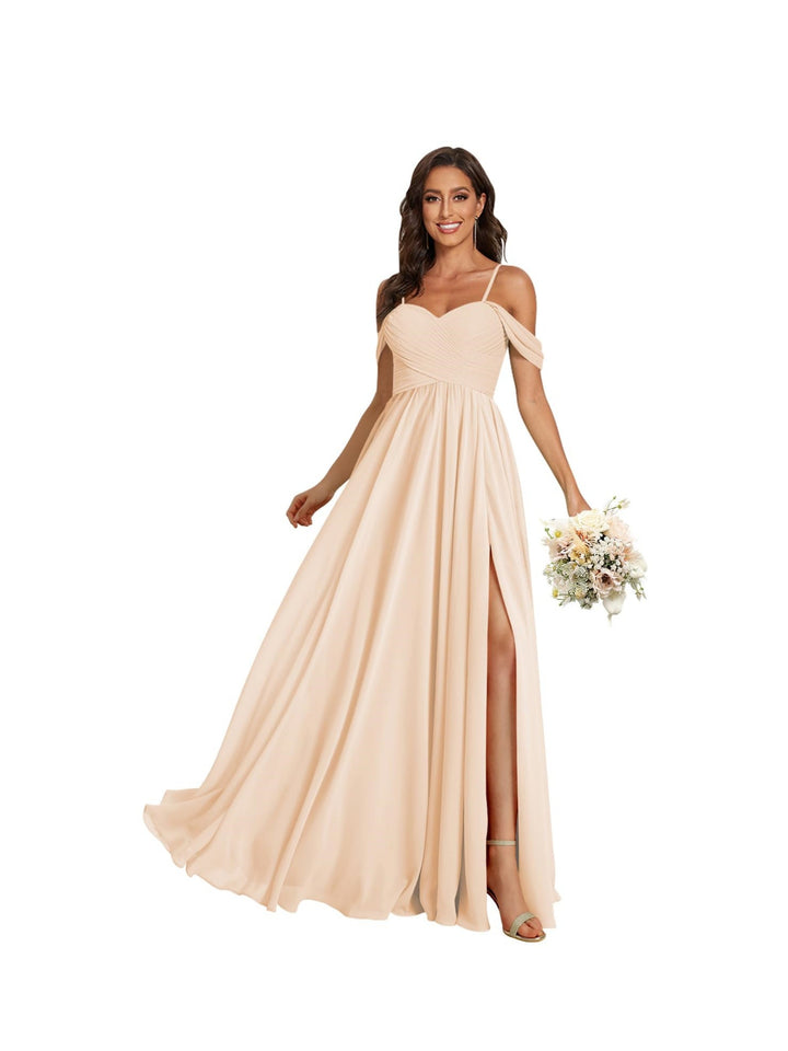 Ligne A /Princesse Off Shoulder Chérie Sans Manches Floor Length Robes de Demoiselle d'Honneur Mousseline avec Poches Slit
