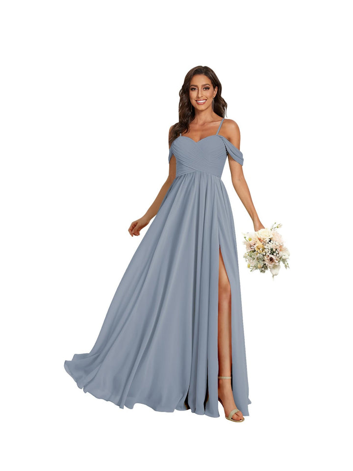 Ligne A /Princesse Off Shoulder Chérie Sans Manches Floor Length Robes de Demoiselle d'Honneur Mousseline avec Poches Slit