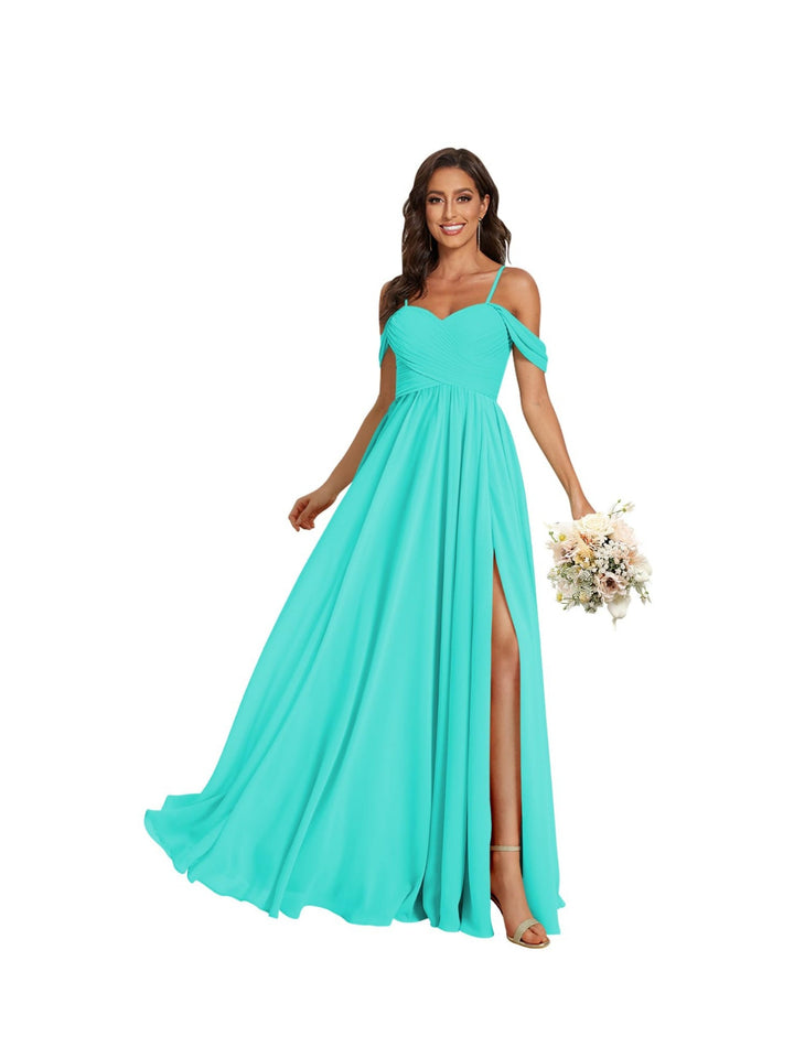 Ligne A /Princesse Off Shoulder Chérie Sans Manches Floor Length Robes de Demoiselle d'Honneur Mousseline avec Poches Slit