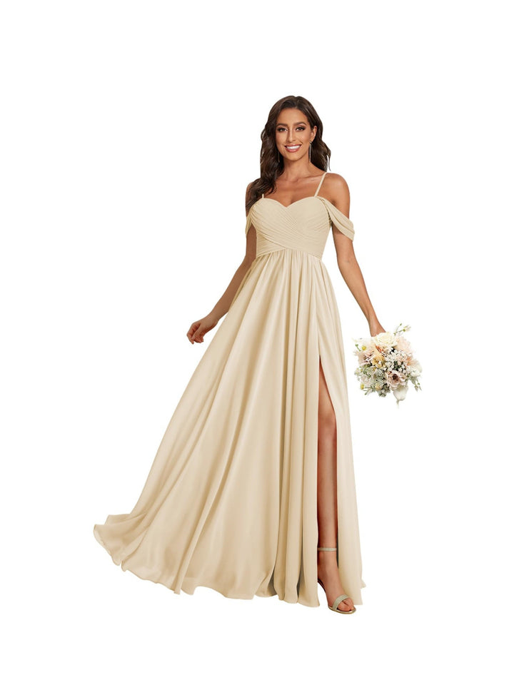 Ligne A /Princesse Off Shoulder Chérie Sans Manches Floor Length Robes de Demoiselle d'Honneur Mousseline avec Poches Slit