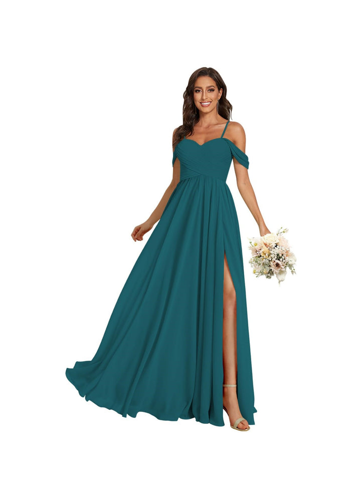 Ligne A /Princesse Off Shoulder Chérie Sans Manches Floor Length Robes de Demoiselle d'Honneur Mousseline avec Poches Slit