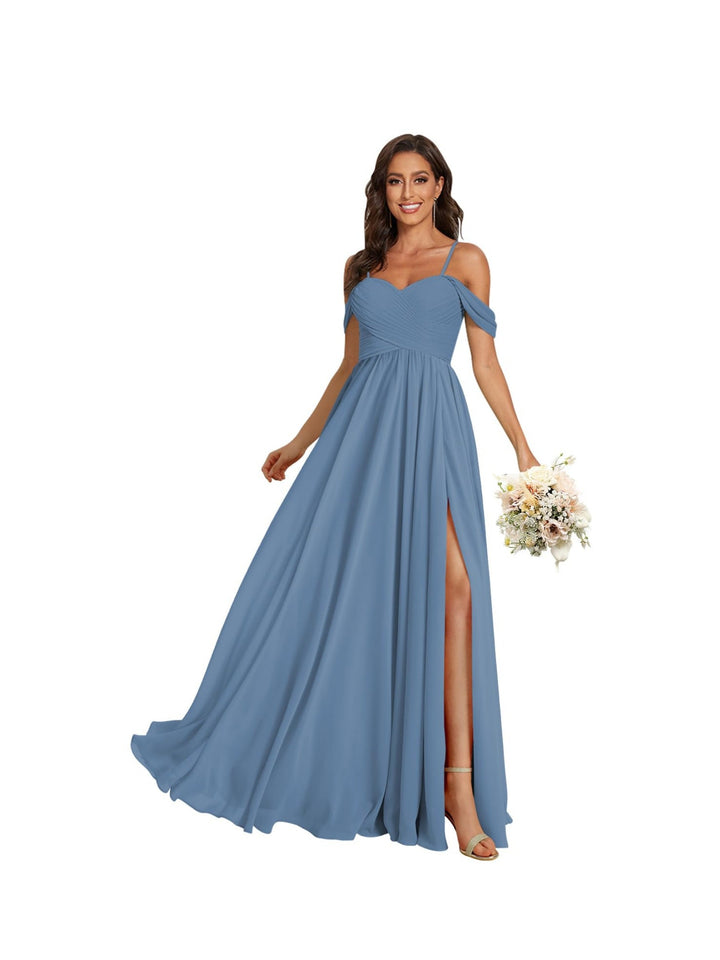 Ligne A /Princesse Off Shoulder Chérie Sans Manches Floor Length Robes de Demoiselle d'Honneur Mousseline avec Poches Slit