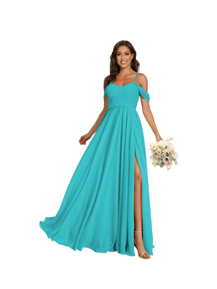 Ligne A /Princesse Off Shoulder Chérie Sans Manches Floor Length Robes de Demoiselle d'Honneur Mousseline avec Poches Slit