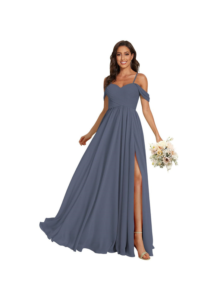Ligne A /Princesse Off Shoulder Chérie Sans Manches Floor Length Robes de Demoiselle d'Honneur Mousseline avec Poches Slit